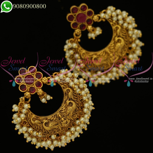 Temple Jewellery Chandbali Earrings Pearl Antique Gold Plated Bridal J20207R