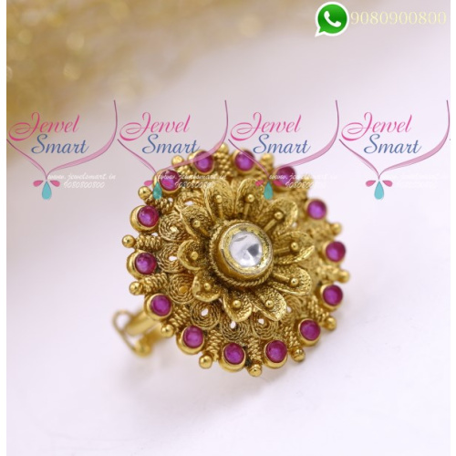 Ruby Kundan Finger Rings Rotating Front Design Antique Gold Plated F20167