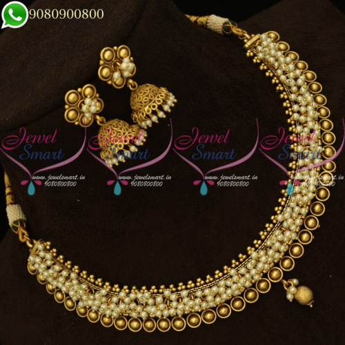 Pearl Jewellery Simple Design Antique Gold Plated Necklace Jhumki NL20226
