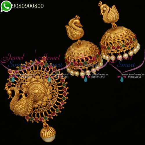 Pendant Set Peacock Design Jhumka Earrings Antique Gold Plated PS20174
