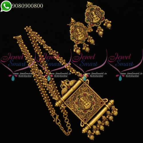 Temple Jewellery Laxmi Design Pendant Earrings Golden Beads Mala NL20201