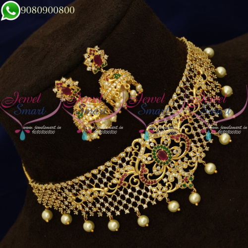 Choker Necklace Gold Plated Jewellery AD Stones Designs Online NL20255