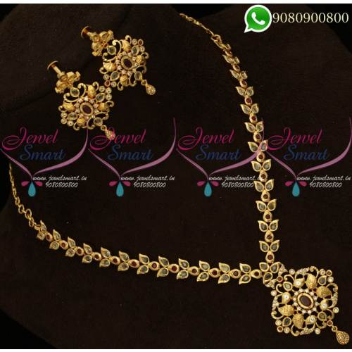 Polki Stones Jewellery Set Necklace Leaf Design Online NL20343