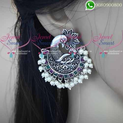 Oxidised Jewellery Silver Earrings Plated Ruby Emerald Stones ER20453