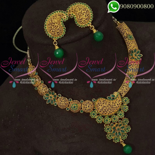 Antique Gold Plated Jewellery Set Green Stones Intricate Finish Online NL20479