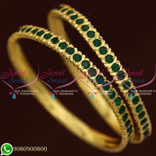 Emerald Stones Gold Finish Bangles Thick Metal Imitation Jewellery Shop Online B20618