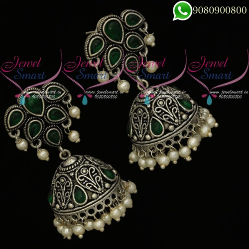 German Silver Jewellery Oxidised Green Stones Jhumki Earrings Online J20425