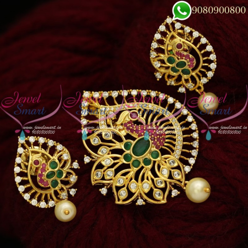 Gold Plated Jewellery AD Stone Pendant Set Imitation Peacock Designs PS20482