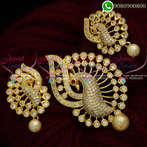 Gold Plated Pendant Set White AD Stones Stylish Jewellery Designs PS20484