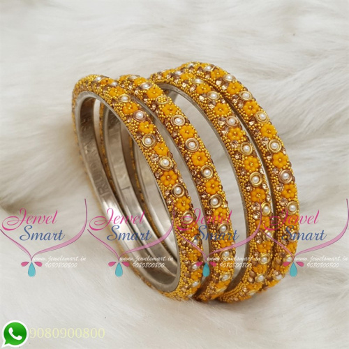 Lac Bangles Golden Yellow Colour Indian Jewelry 4 Pieces Set Matching B18675