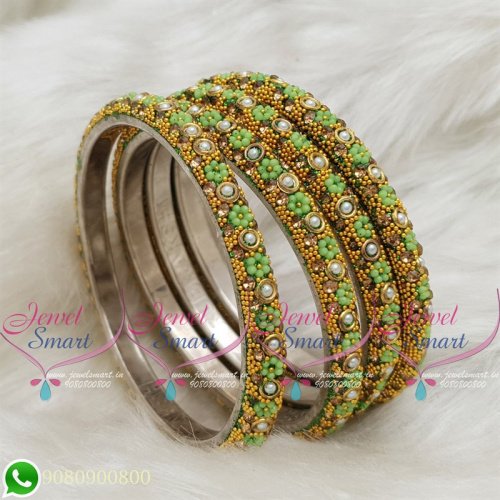 Lac Bangles Indian Jewellery Light Green Colour 4 Pieces Set Matching B18673