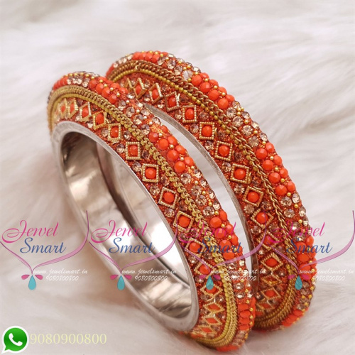 Orange Colour Lac Bangles Handmade Brass Base Matching Jewellery