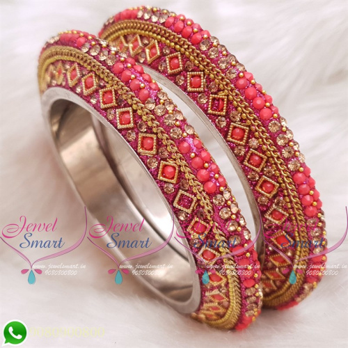 Reddish Pink Colour Lac Bangles Handmade Brass Base Matching Jewellery B20515