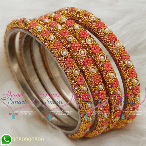Lac Bangles Orange Colour Indian Jewelry 4 Pieces Set Matching B18674