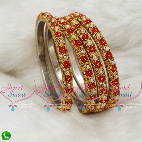 Lac Bangles Red Colour Indian Jewelry 4 Pieces Set Matching B18678