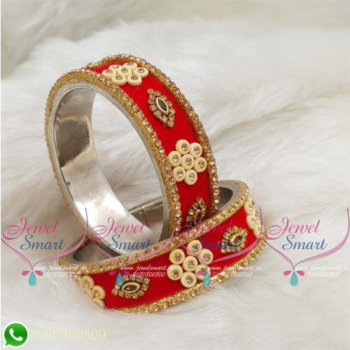 Red Colour Velvet Lac Bangles Handmade Brass Base Matching Jewellery B18666
