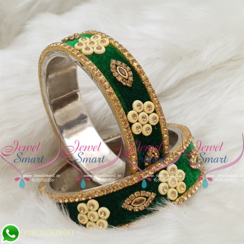 Green Colour Velvet Lac Bangles Handmade Brass Base Matching Jewellery B18665