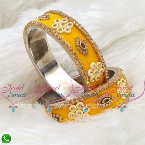 Yellow Colour Velvet Lac Bangles Handmade Brass Base Matching Jewellery B18667