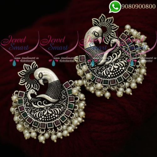Oxidised Jewellery Silver Earrings Plated Ruby Emerald Stones ER20453