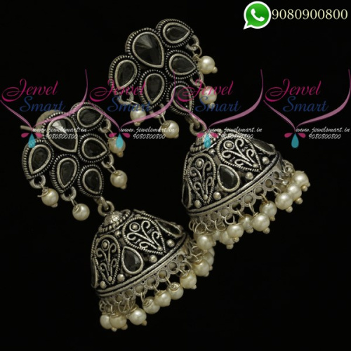 Oxidised Jhumka Earrings Online Black Stones Silver Plated Jewellery J20429