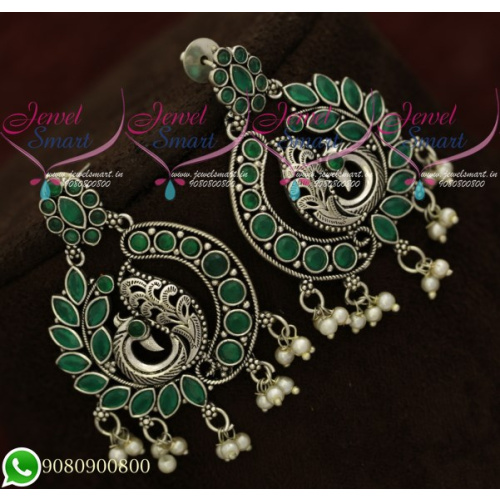 Silver Plated Earrings Peacock Green Oxidised Fashion Jewellery Shop Online ER20589