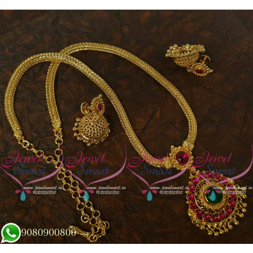 CS17560 South Indian Imitation Jewellery Gold Plated Chain Pendant Jhumka Kemp Stones