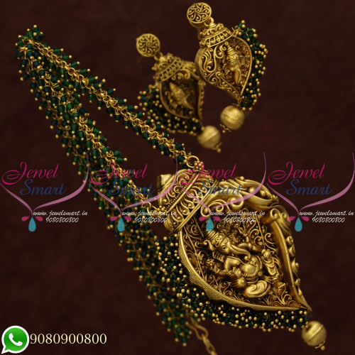 Temple Jewellery Green Crystal Mala Lord Ganesh Pendant Antique Gold Plated Online NL20577
