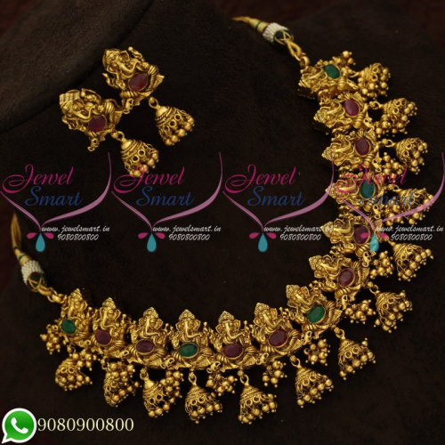 Temple Jewellery Jhumka Necklace Antique Gold Plated Lord Ganesh Design NL20586