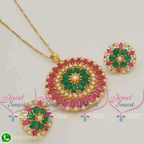 Ruby Emerald Jaipuri Pendant Set Semi Precious Stones Jewellery Online PS20626