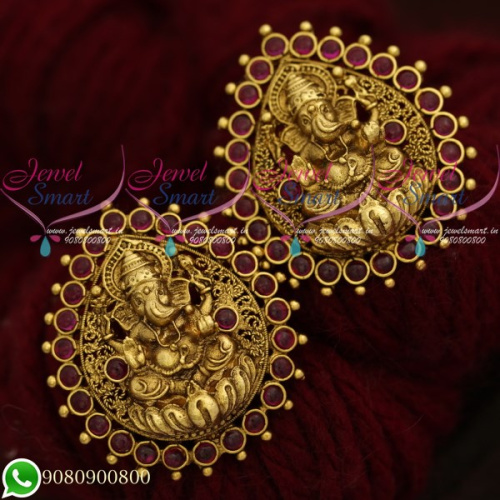 Temple Jewellery Lord Ganesh Design Antique Gold Plated Big Size Ear Studs ER20624