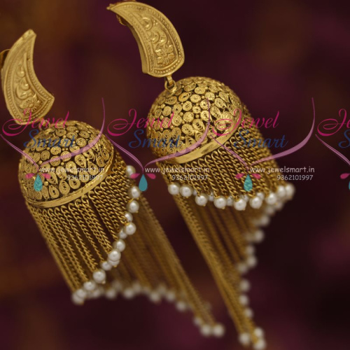 J7317 Big Size Antique Colour Rajwadi Jhumka Earrings Pearl Chain Danglers Fancy Design