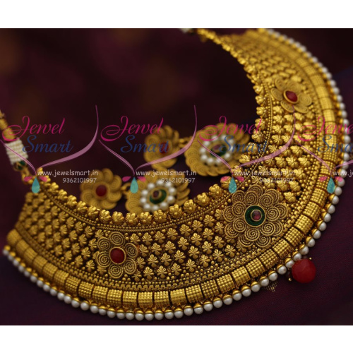NL7354 Antique Gold Plated Choker Necklace Broad Grand Dulhan Wedding Jewellery Online