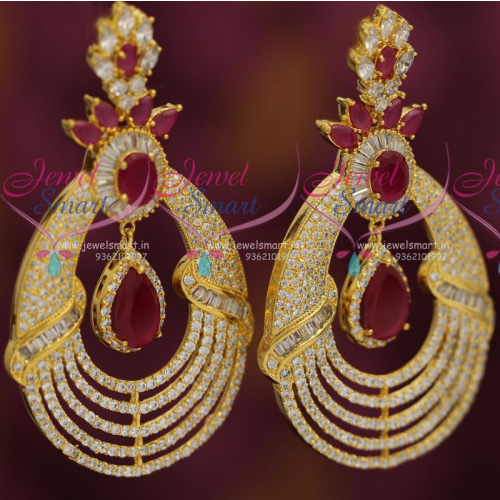 ER7255 CZ Ruby Big Size Diamond Finish Gold Plated Grand Earrings Designs Online