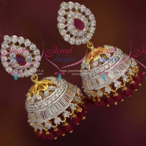 J7319 Ruby White Two Tone Gold Silver Diamond Finish Small Jhumka Earrings Online