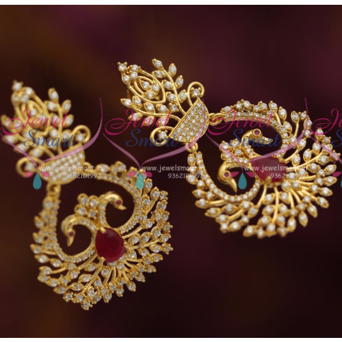 ER6249 Cubic Zircon Ruby Peacock Gold Plated Earrings Fancy Latest Designs Online