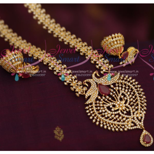 NL7252 CZ Ruby Gold Plated Fancy Haram Long Necklace Peacock Design Collections