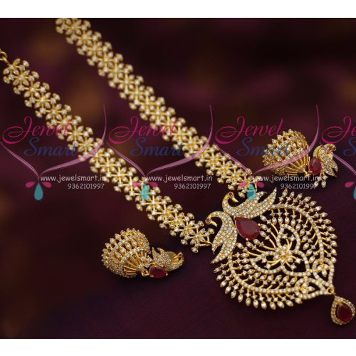 NL7250 CZ White Peacock Pendant Jhumka Gold Plated Finish Necklace New Designs