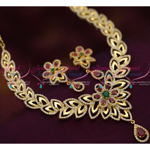NL6828 Floral Design Ruby Emerald Light Gold Tone CZ Jewellery Set Buy Online