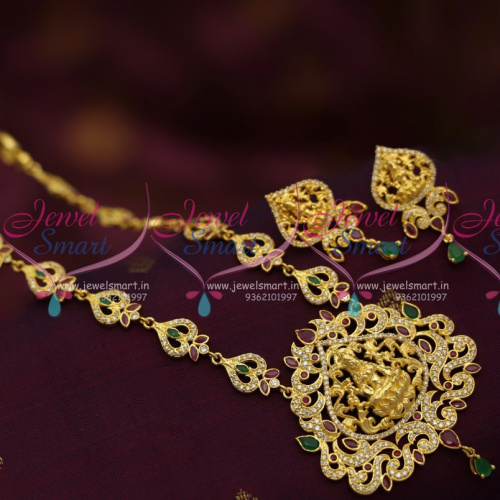 NL7098 CZ Ruby Emerald Long Necklace Haram Temple Nagas Design Offer Price