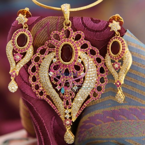 PS8988 Gold Design Plated Ruby Cubic Zircon Pendant Earrings Fancy Jewelry Set