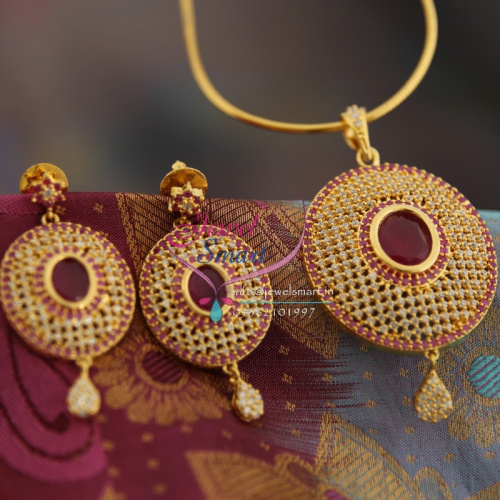 PS8993 Gold Design Plated Ruby Cubic Zircon Pendant Earrings Fancy Jewelry Set