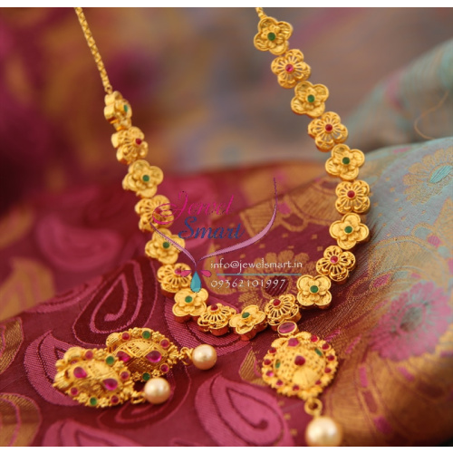 NL167A9016 Gold Design Temple Necklace Kempu Spinel Ruby Traditional Indian Jewelry Set