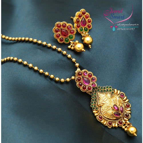 Gold Plated Kempu Stones Pendant Earrings Beads Chain