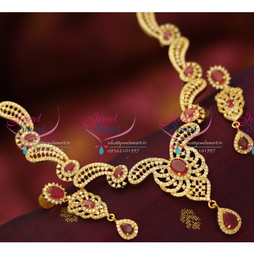 NL5706 White AD Ruby  Leaf Fancy Design CZ Gold Plated Jewellery Set Buy Online