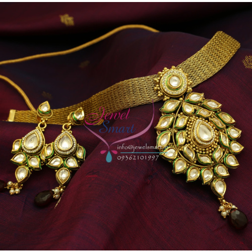 Indian Traditional Imitation Kundan Jewelry Necklace Earrings Gold Plated