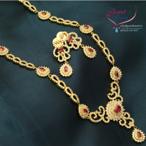 Gold Plated Cubic Zirconia Ruby Stones Long Necklace Earrings