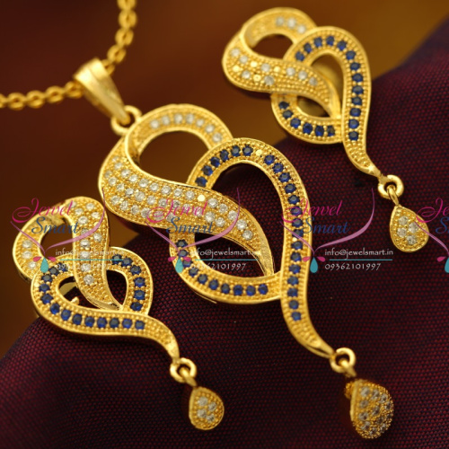 PS5736 Blue CZ Floral Gold Plated Pendant Earrings Chain Fashion Jewellery Buy Online