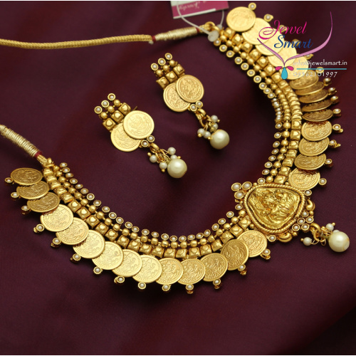 Gold Plated Temple Necklace Synthetic Stone Antique Necklace Earrings