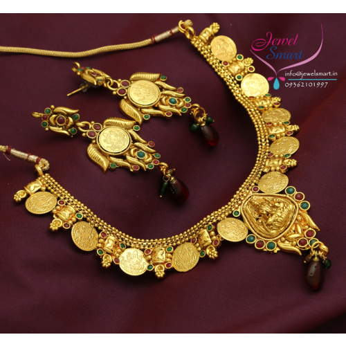 Gold Plated Antique Temple Necklace Earrings Laxmi Pendant
