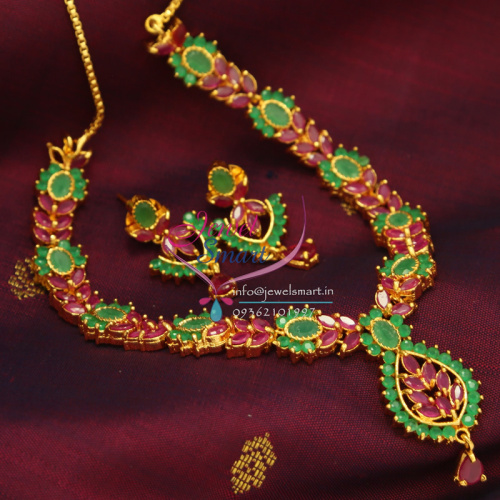 Indian Traditional Fashion Jewelry Gold Plated Ruby Emerald Necklace Earrings
